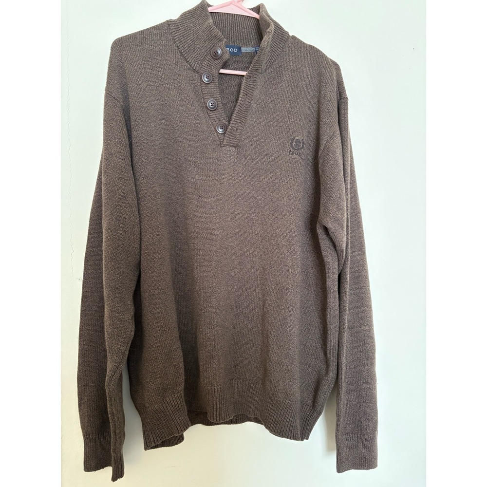 IZOD Mens XL Brown Cotton Button Mock Neck Pullover Sweater Long Sleeve Crest